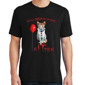 Mens We All MEOW Down Here Kitten T-Shirt Cat Clown Halloween 3XL Black